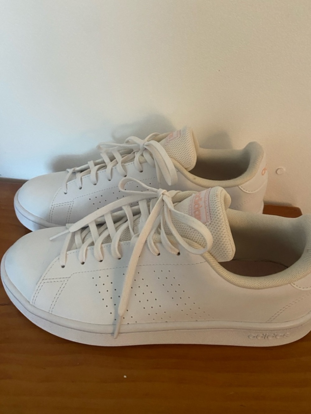 adidas White Leather Low-Top Sneakers with Light Pink Accents